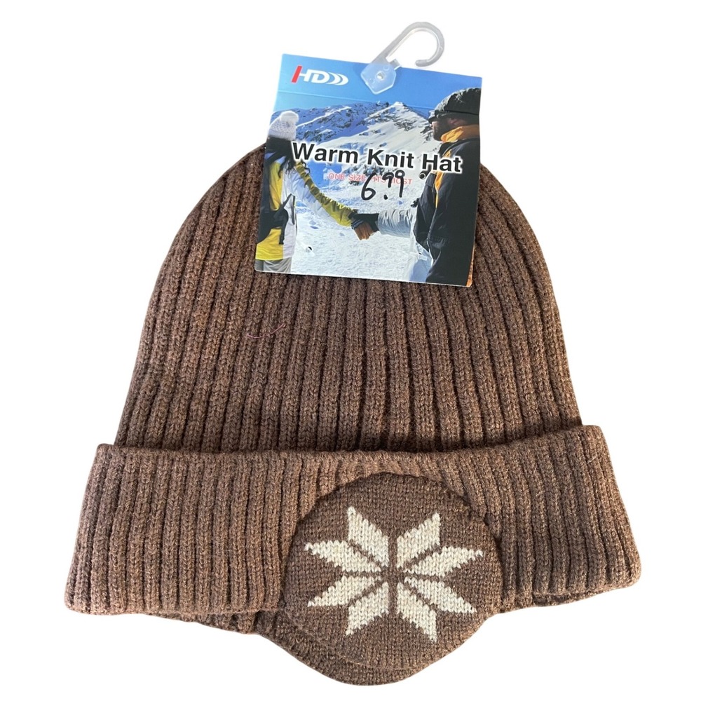 Knit Beanie Winter Hat Brown Snowflake Fleece Lined Warm Unisex Ski Cap Adult OS